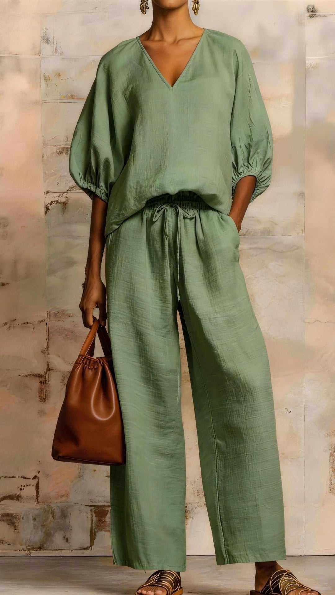 Women's Minimalist Solid-Color Loose-Fit V-Neck Casual Two-Piece Set