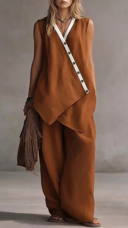V-Neck Sleeveless Wide-Leg Pants Two-Piece Set with Asymmetrical Buttons