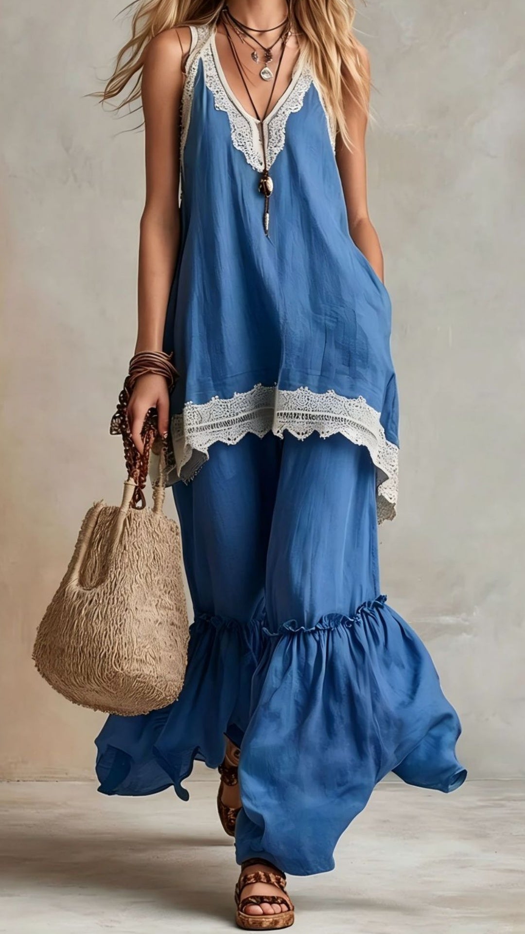 Bohemian-Style Vacation Dress with Lace Straps