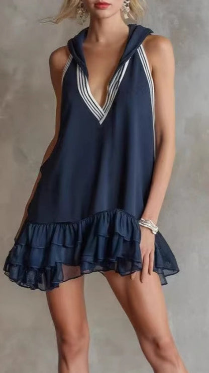 Sporty-Style Dark Blue Cotton Sleeveless Hooded Mini Dress