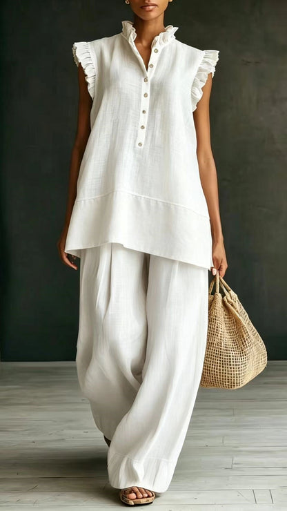 Ruffled Sleeveless Shirt and Loose-Fit Trousers Two-Piece Set