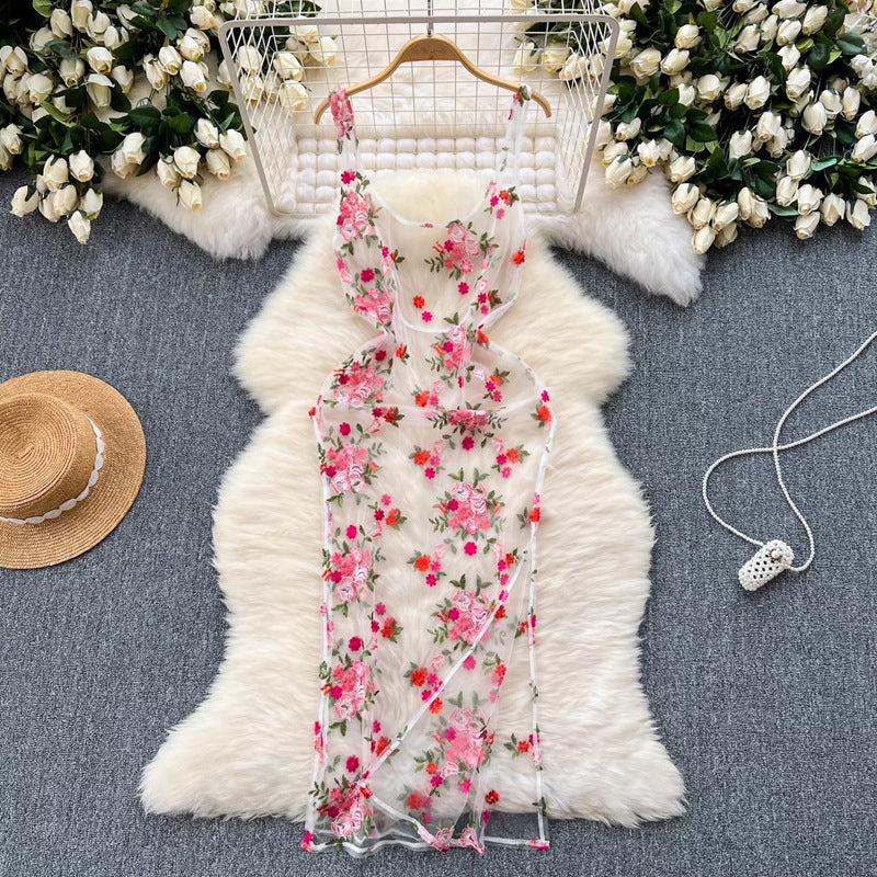 sleeveless embroidery lace mesh midi dress