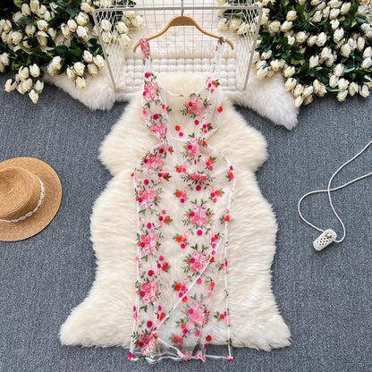 sleeveless embroidery lace mesh midi dress