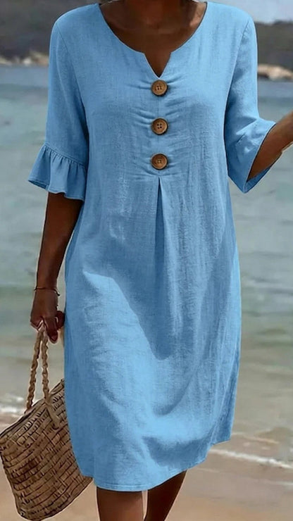 Cotton-Linen Dress with V-Neck, Large Buttons, and Ruffled Sleeves