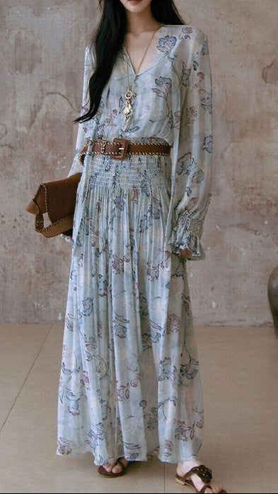 long-sleeved chiffon floral print maxi dress - pale blue