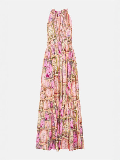 V-neck halter neck printed maxi dress - pink
