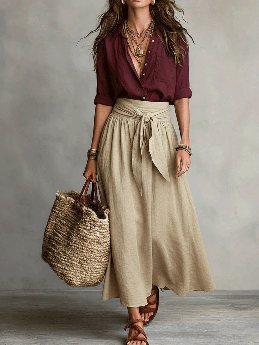 Vera™ | Two-Piece Set: Black Top and Olive Green Midi Skirt