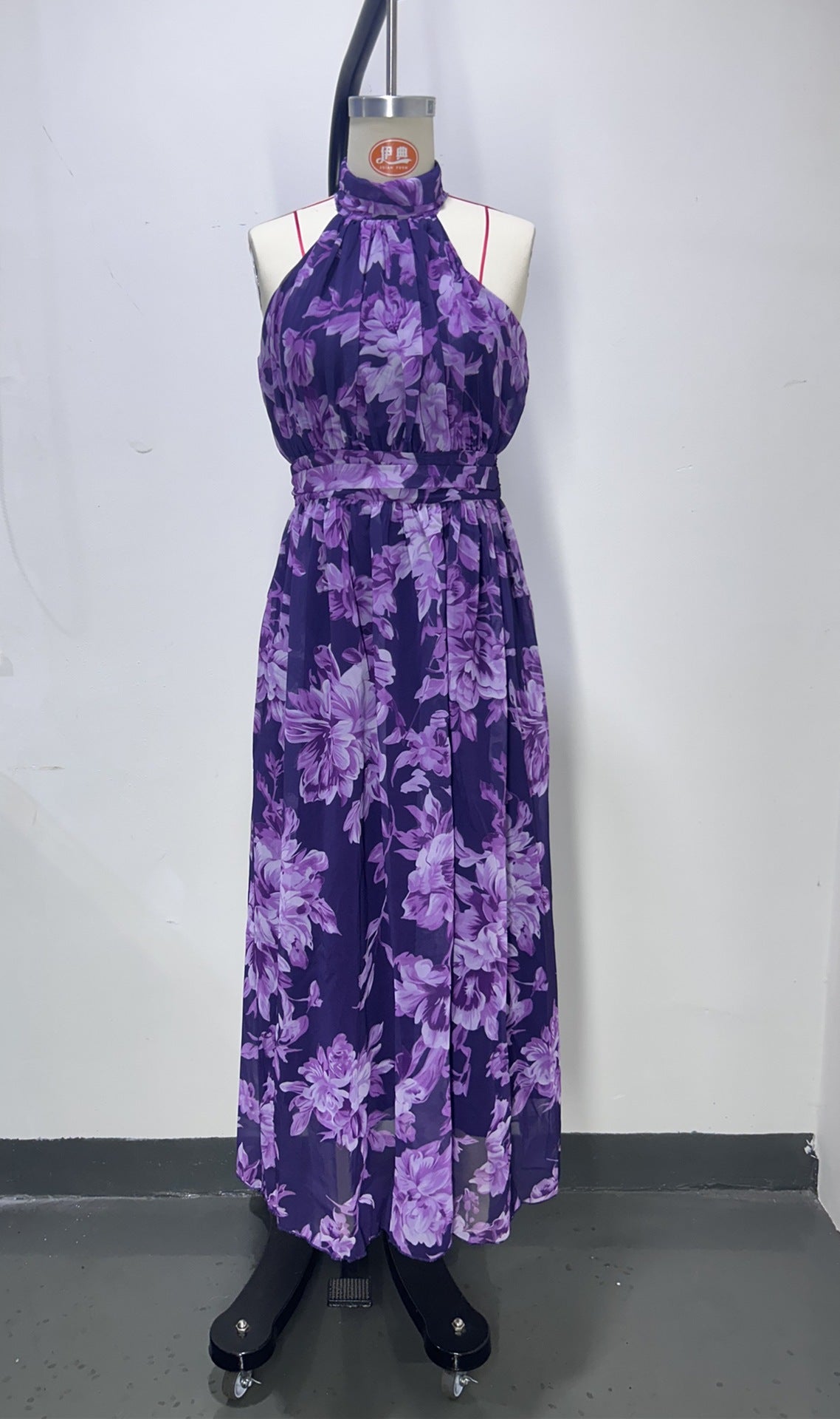 polly Green Floral Chiffon Halter Maxi Dress