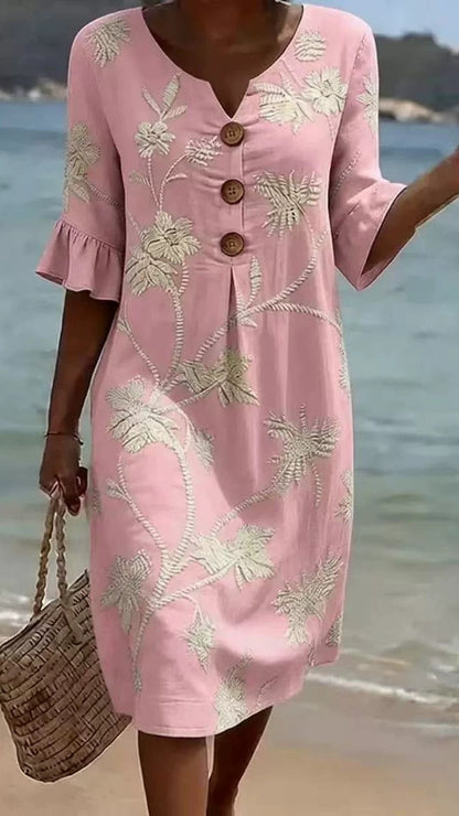Women's Vacation-Style V-Neck Printed Loose-Fit Dress with Mid-Length Sleeves