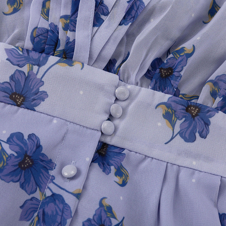 V-neck puff sleeve pleated mini dress - blue
