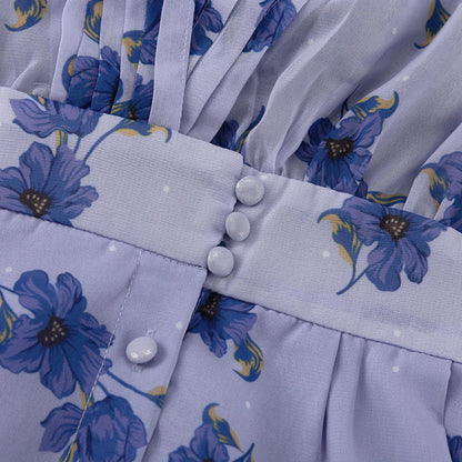 V-neck puff sleeve pleated mini dress - blue