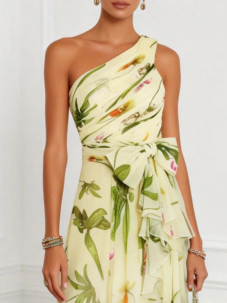 print sleeveless maxi dress with slanted neckline -Champagne-green