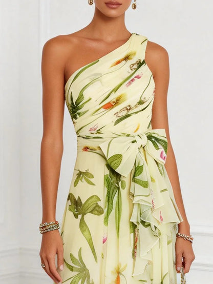 print sleeveless maxi dress with slanted neckline -Champagne-green
