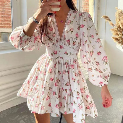 Printed V-neck puff sleeve lace mini dress