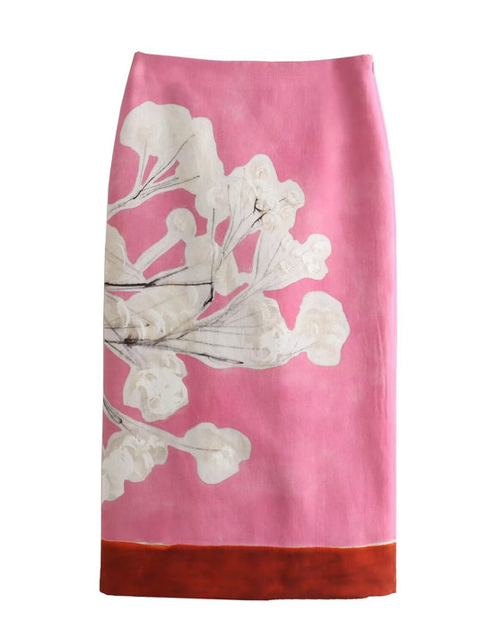 Floral print linen blend midi skirt - pink