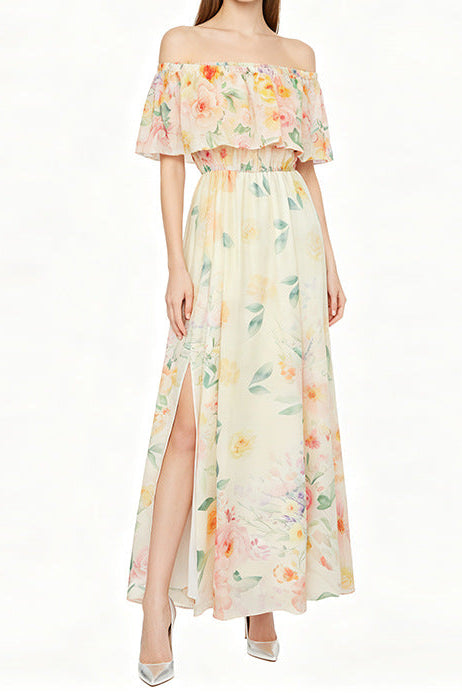 Off-shoulder print slit chiffon maxi dress - pale yellow
