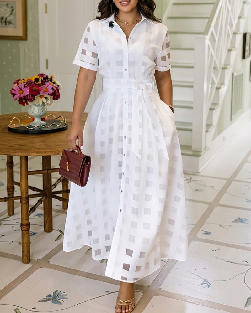 Women's Sheer Plaid Maxi Dress Short Sleeve Double Layer Swing Vacation Dress Elegant Flowy A Line Dress with Belt