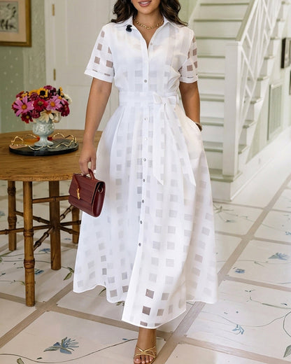 Women's Sheer Plaid Maxi Dress Short Sleeve Double Layer Swing Vacation Dress Elegant Flowy A Line Dress with Belt