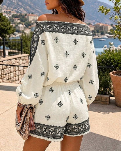 Women's Boho Vintage Print 2-Piece Set Off-Shoulder Lantern Sleeve Top and High-Waisted Shorts Casual Beach Vacation Outfit