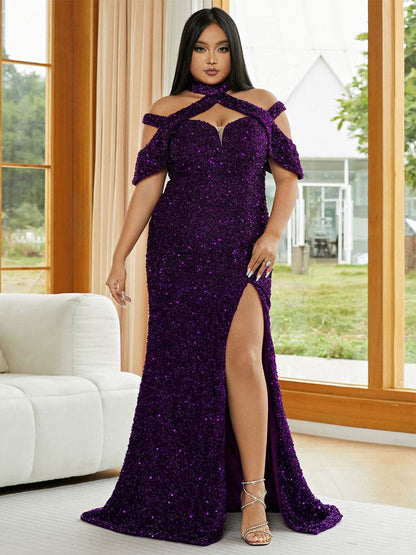 Plus Size Halter Sequin Prom Dress