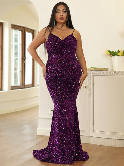 Plus Spaghetti Sequin Evening Dress