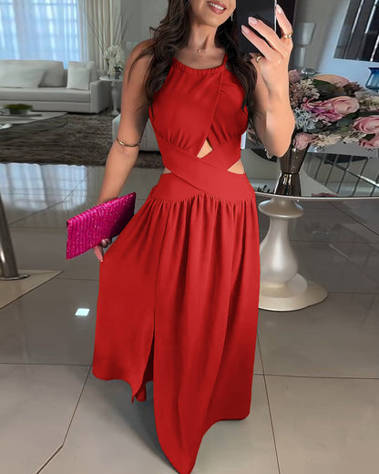 Halter Sleeveless Tied Detail Shirred Criss Cross Flared Dress Glamorous Evening Dress