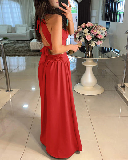 Halter Sleeveless Tied Detail Shirred Criss Cross Flared Dress Glamorous Evening Dress