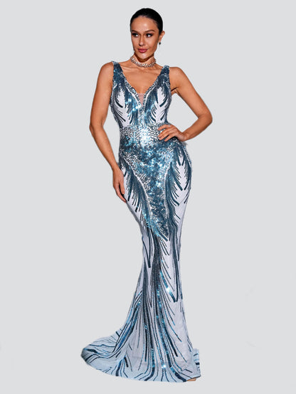 V-neck Sleeveless Mermaid Blue Sequin Formal Dress