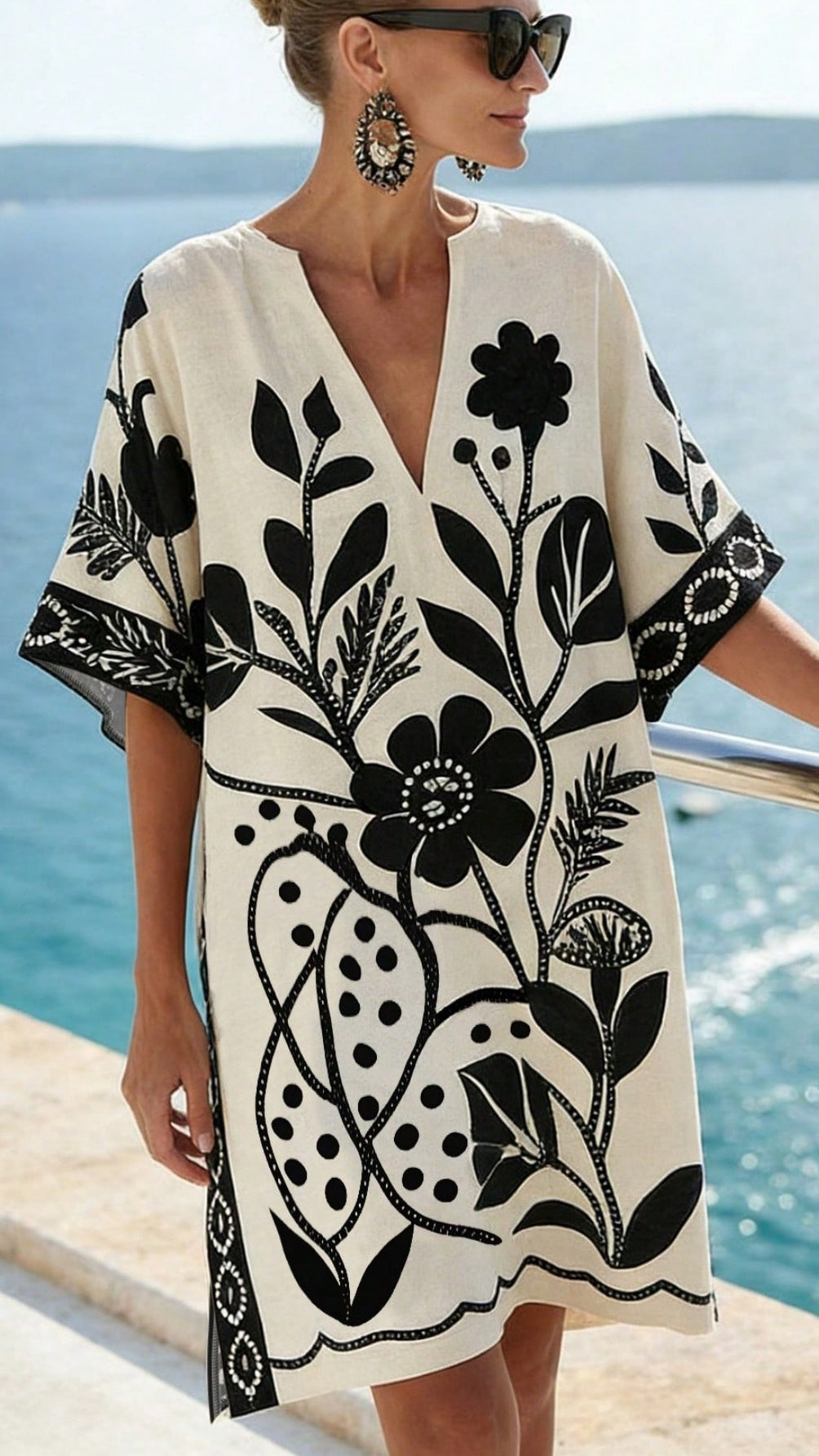 Women's Loose-Fit Printed V-Neck Casual Vacation Dress