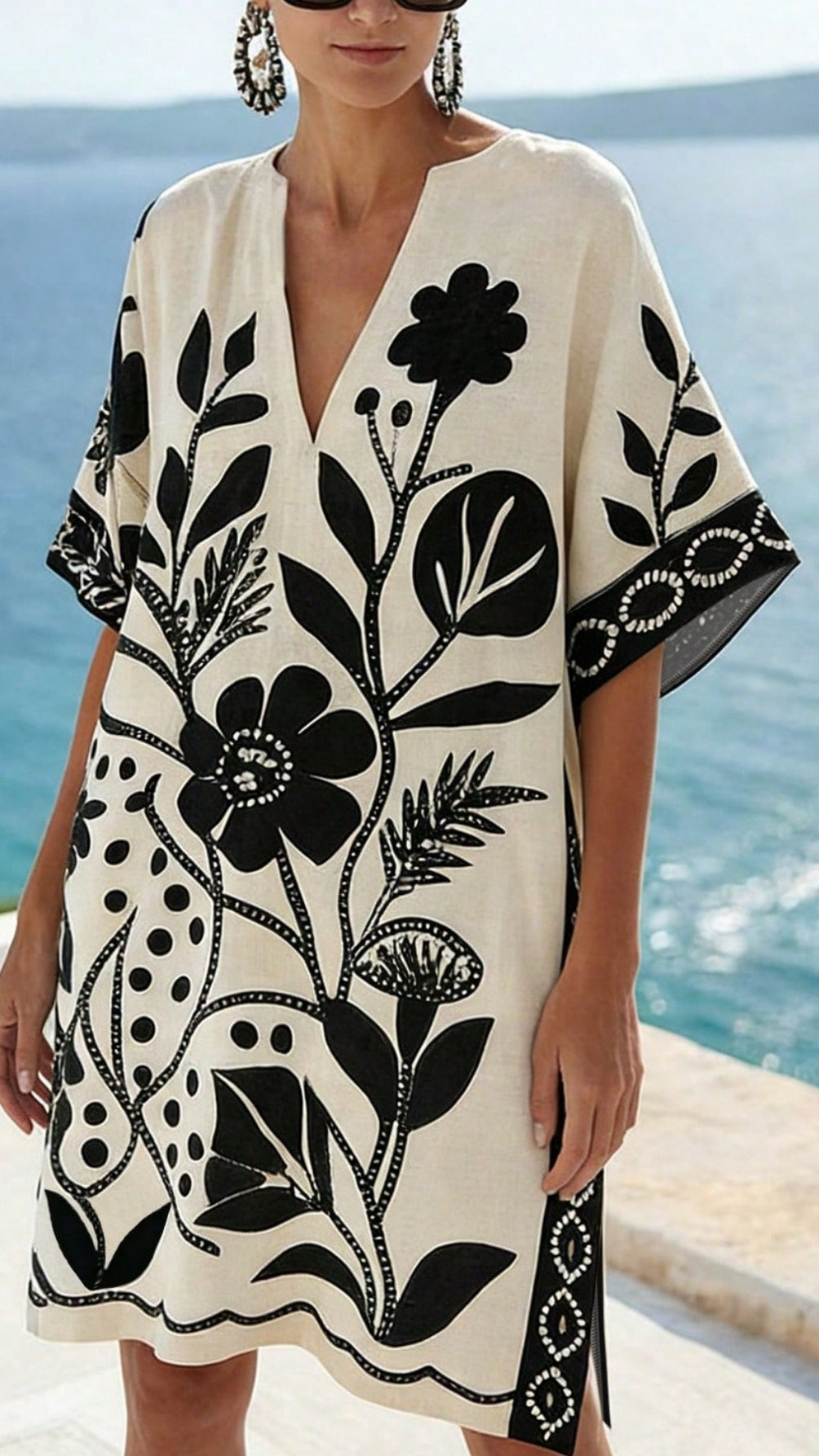 Women's Loose-Fit Printed V-Neck Casual Vacation Dress