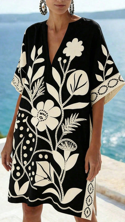 Women's Loose-Fit Printed V-Neck Casual Vacation Dress