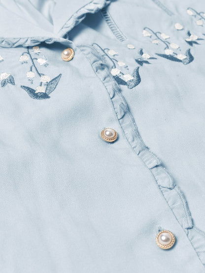 Convallaria Floral Embroidered Blue Puff Top