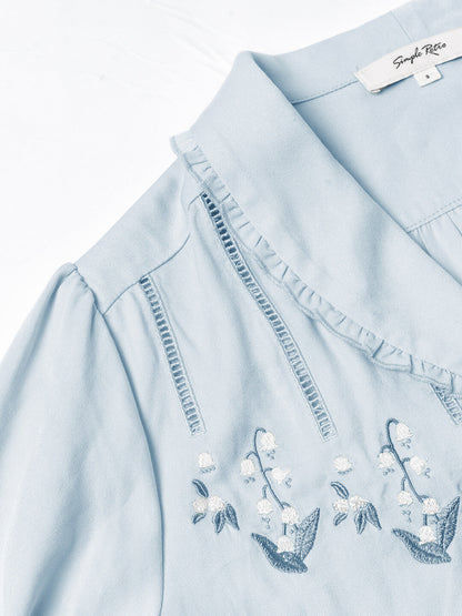 Convallaria Floral Embroidered Blue Puff Top