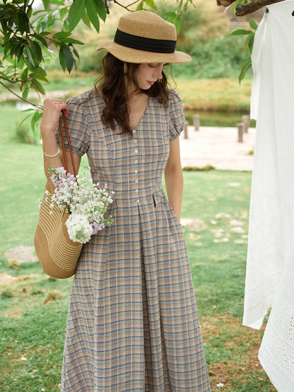 Nyra V-Neck Plaid 100% Cotton Dress