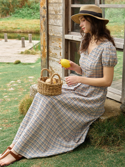 Nyra V-Neck Plaid 100% Cotton Dress