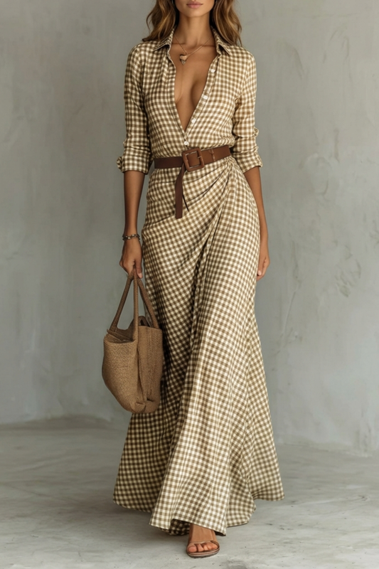 Sienna – Elegant Pleated Belted Dress – Autumn Solid Color Long Shirt Dress