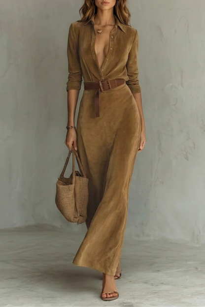 Sienna – Elegant Pleated Belted Dress – Autumn Solid Color Long Shirt Dress