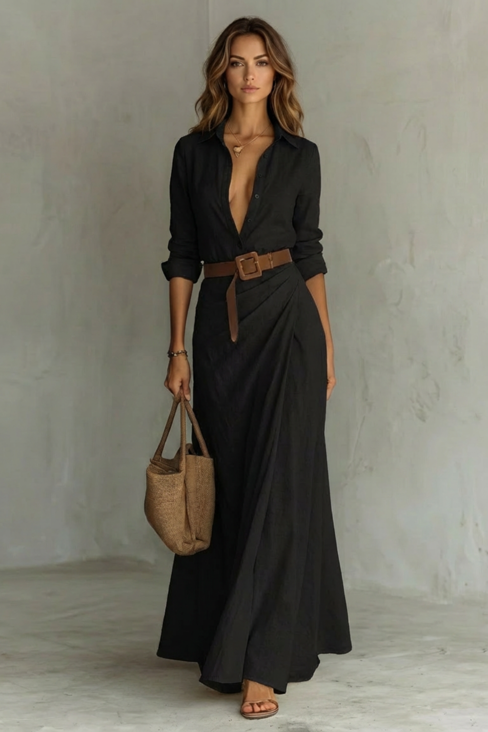 Sienna – Elegant Pleated Belted Dress – Autumn Solid Color Long Shirt Dress