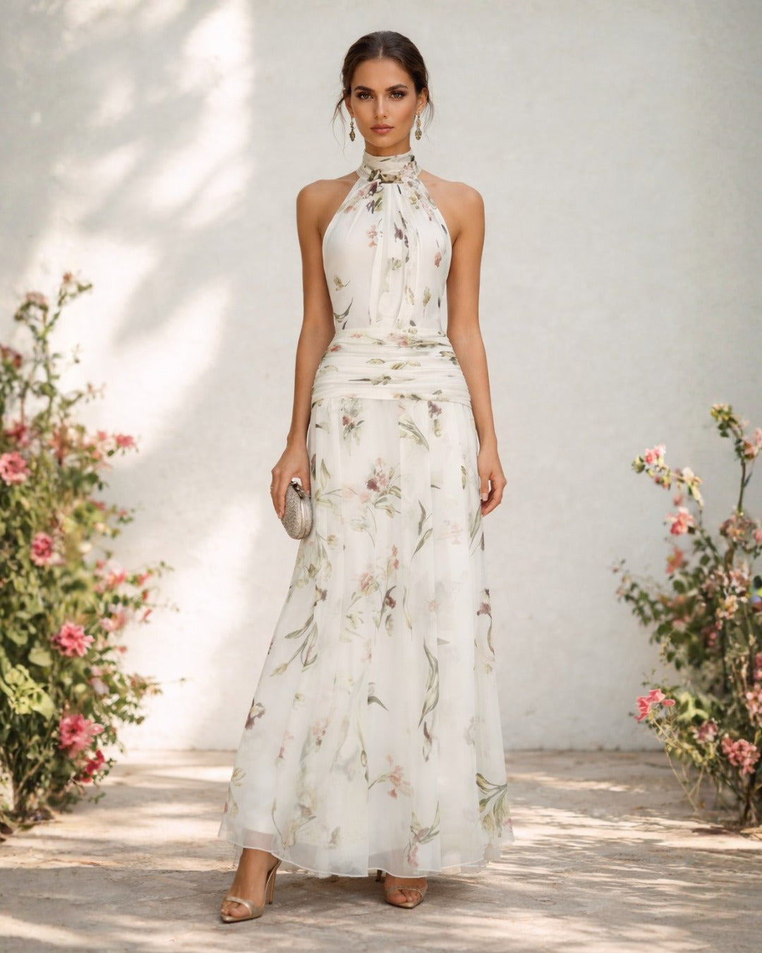Halter neck floral printed bow tie maxi dress - white