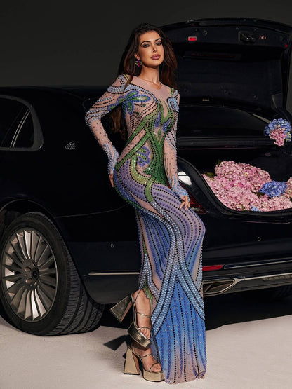 Thana Long Sleeve Rhinestone Maxi Dress