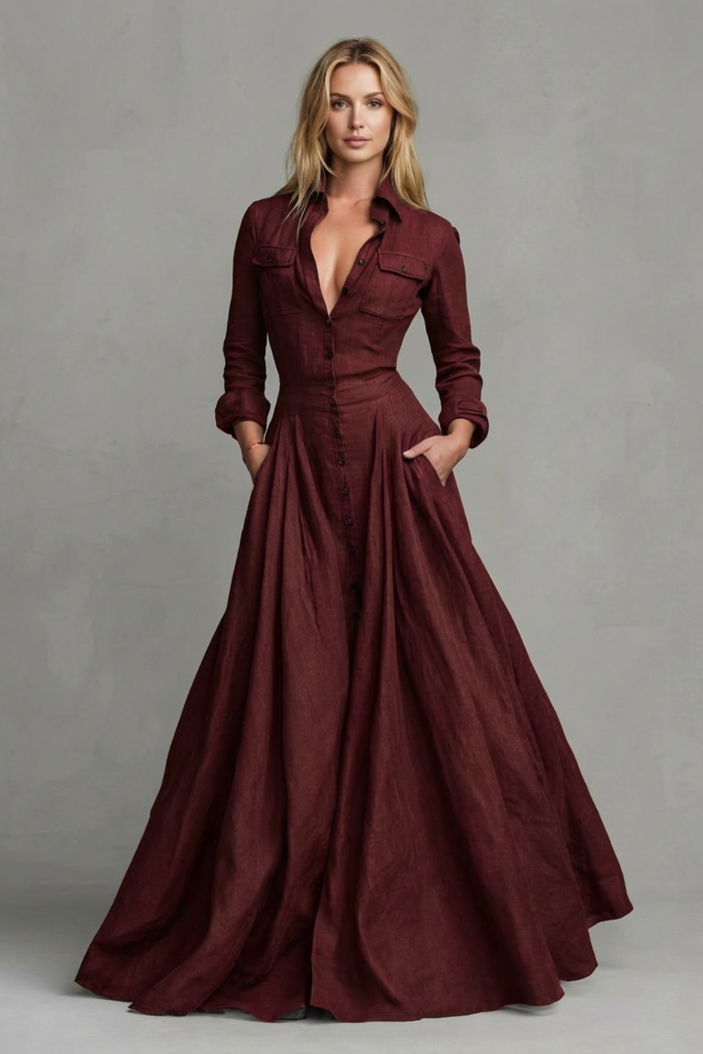 Verona – Long-Sleeved Collared Maxi Dress