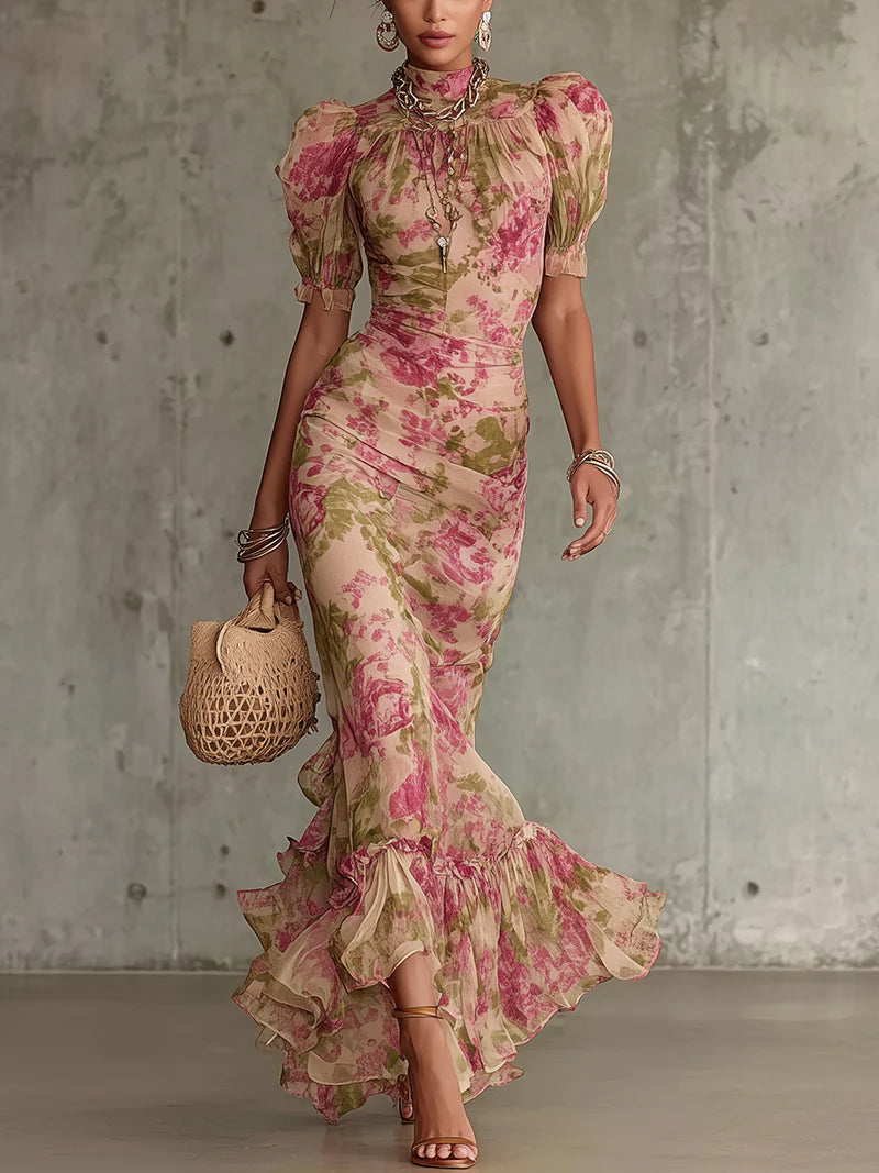 pamela Vintage Rose Print Maxi Dress With Puff Sleeves