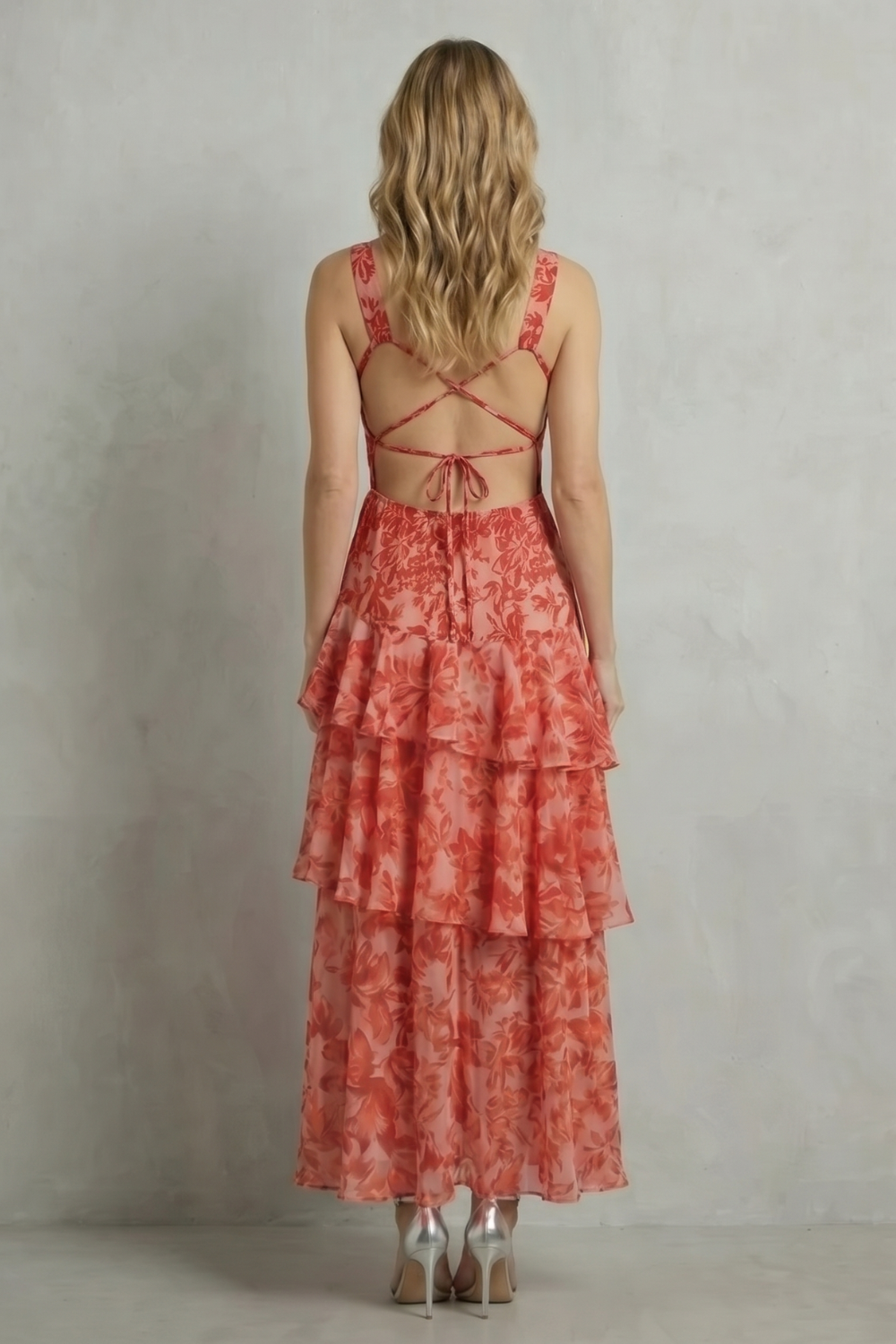Virella – Crimson blossom layers – Tiered chiffon maxi dress
