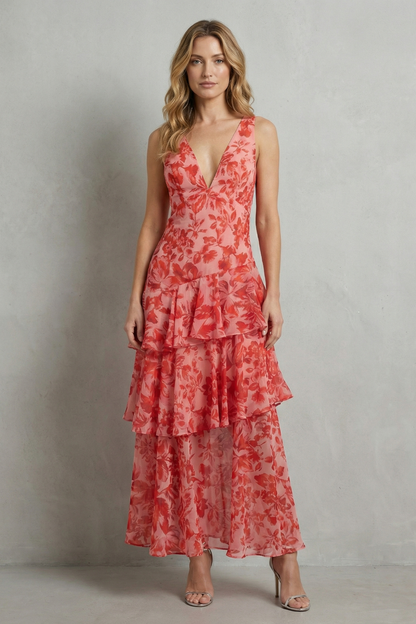 Virella – Crimson blossom layers – Tiered chiffon maxi dress
