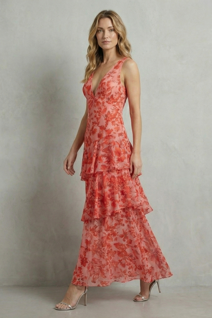 Virella – Crimson blossom layers – Tiered chiffon maxi dress