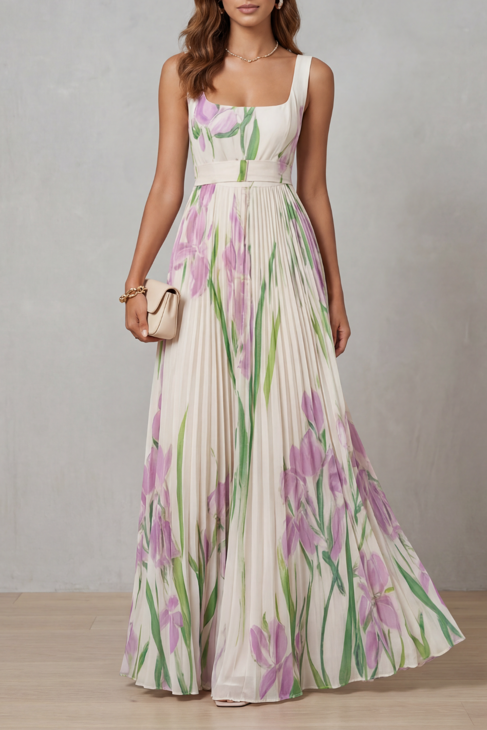 Vivienna – Watercolour floral – Pleated maxi dress