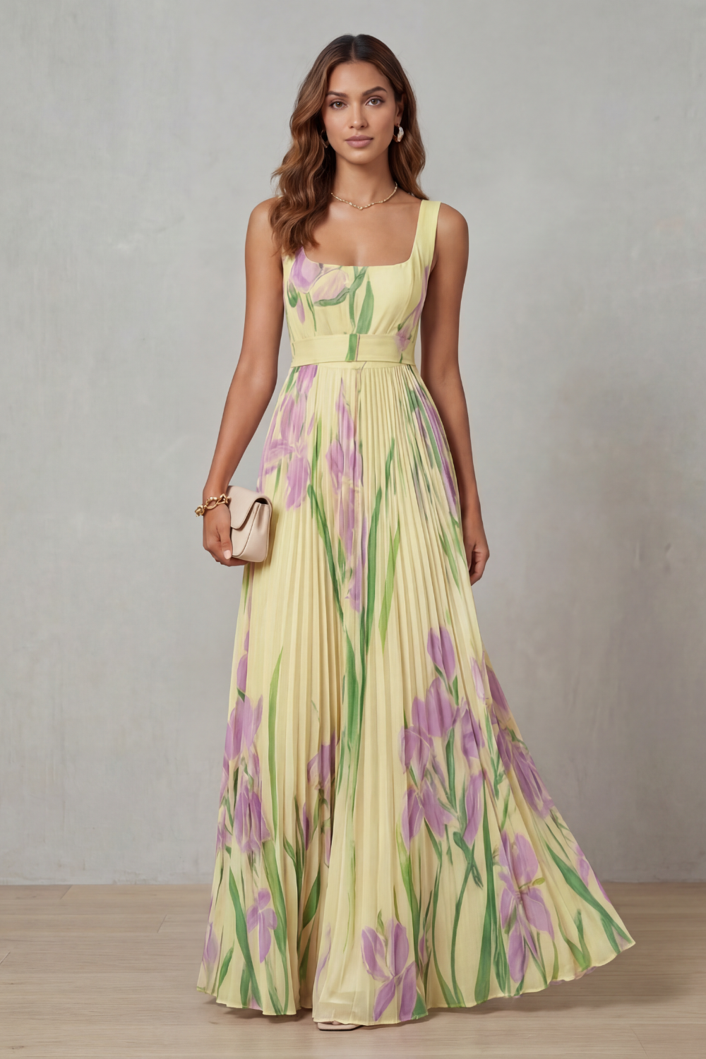 Vivienna – Watercolour floral – Pleated maxi dress