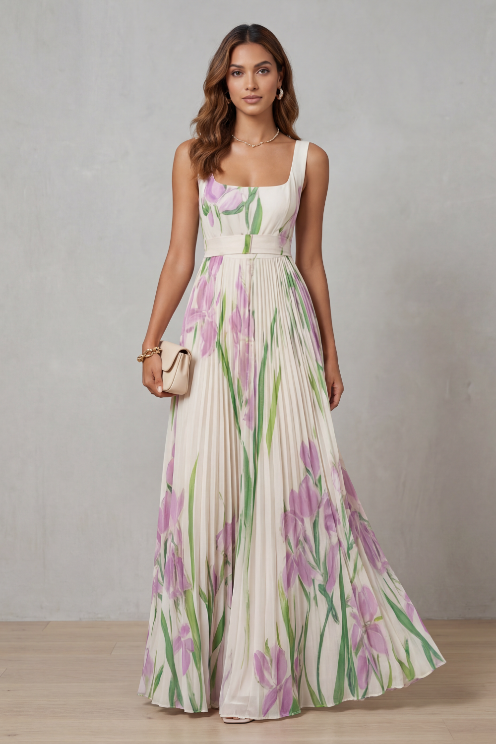 Vivienna – Watercolour floral – Pleated maxi dress