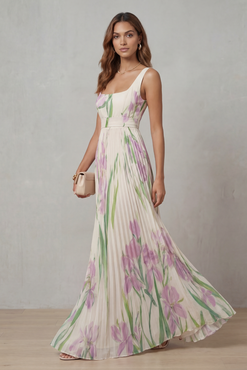 Vivienna – Watercolour floral – Pleated maxi dress