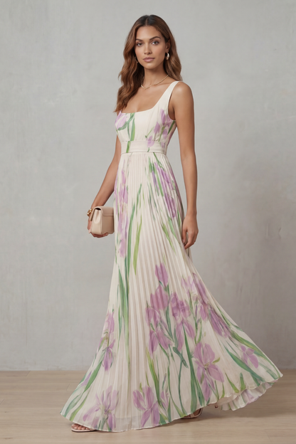 Vivienna – Watercolour floral – Pleated maxi dress